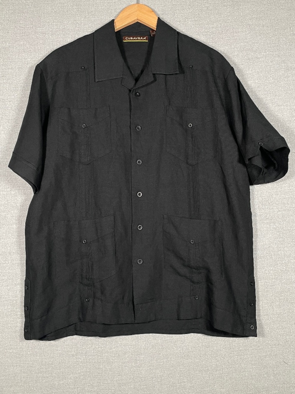 Cubavera Black Guayabera Shirt Mens L Vintage Linen Camp Cuba Resort Cabana VTG
